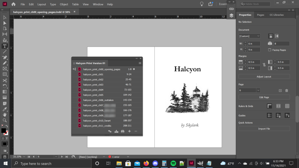 screenshot of halcyon, showing the table of contents
